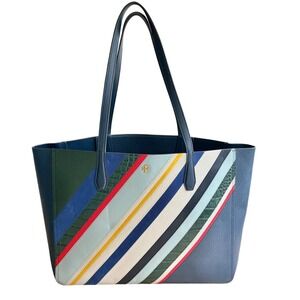 $489 TORY BURCH Perry Balloon Tote Bag Striped Leather Shoulder Designer Handbag